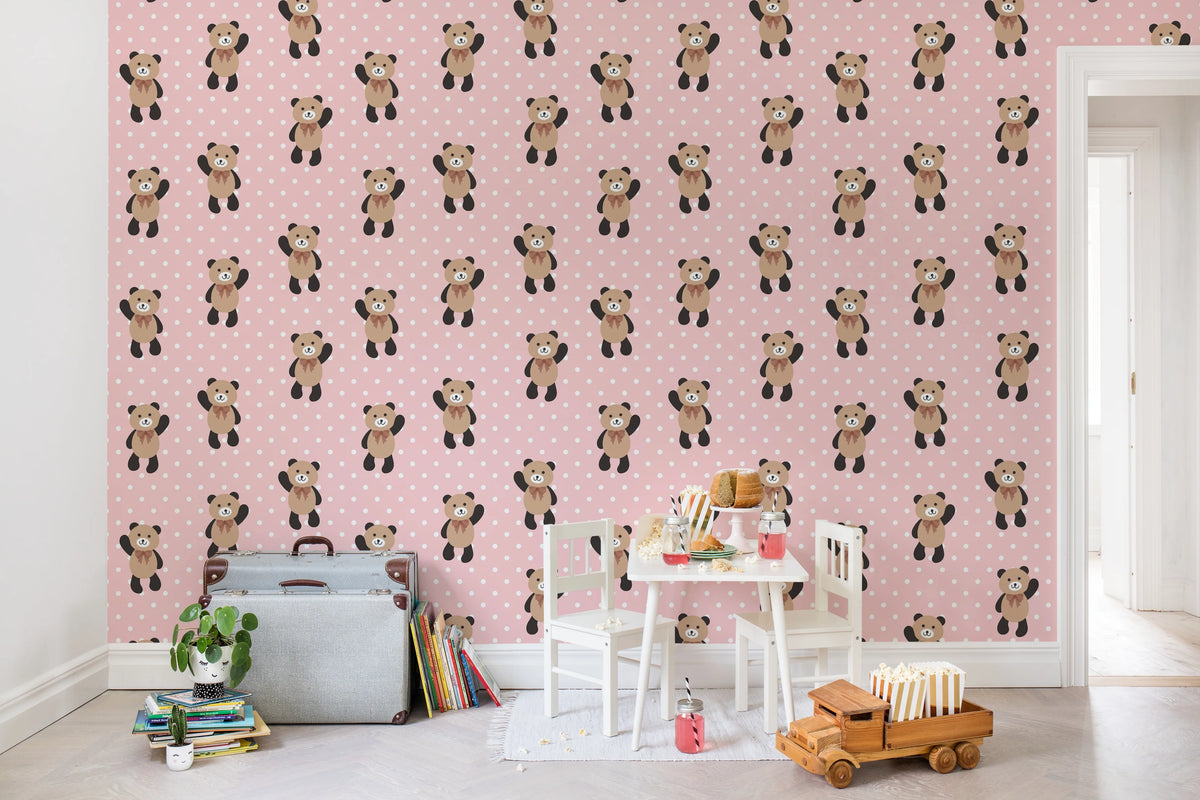 Hello Bear, Baby Pink Mural Wallpaper - room preview 03