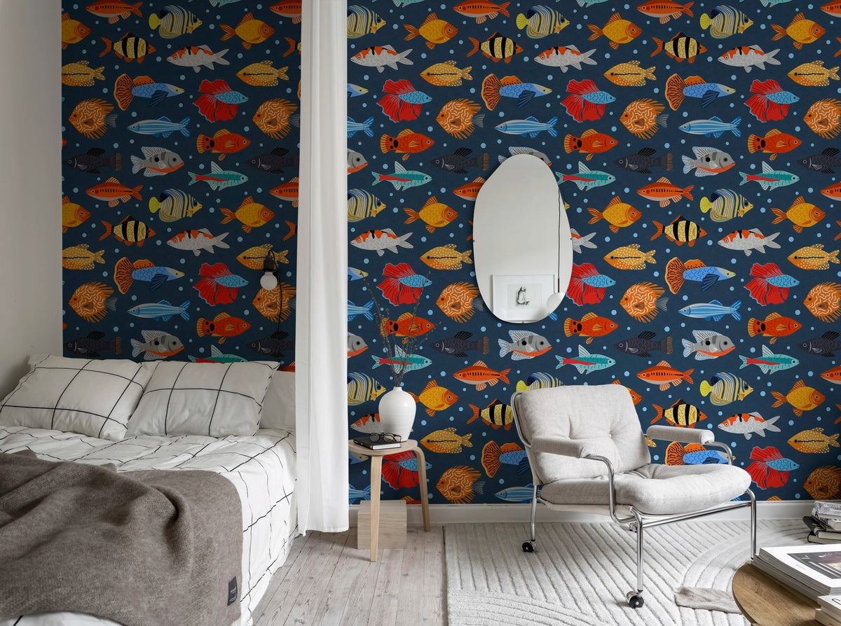 Fish Shoal, Blue Mural Wallpaper - room preview 03