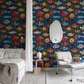Fish Shoal, Blue Mural Wallpaper - room preview 03