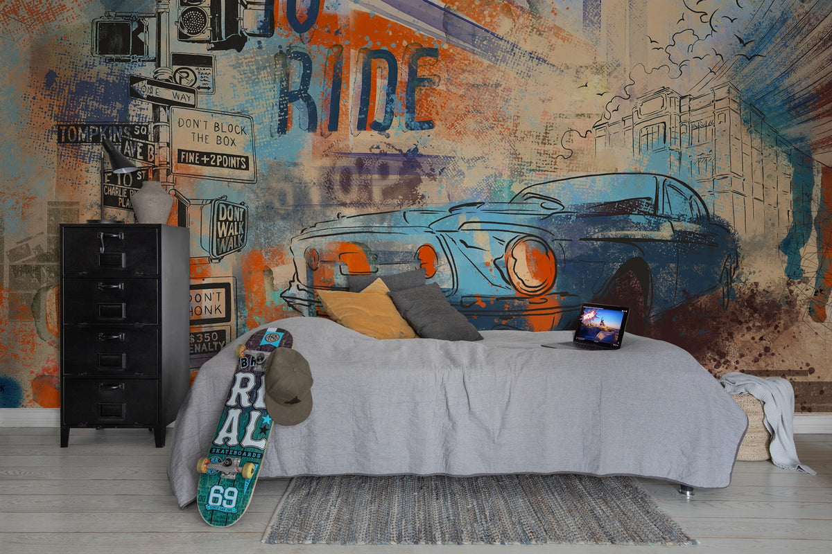 Street Race, Blue Mural Wallpaper - room preview 03