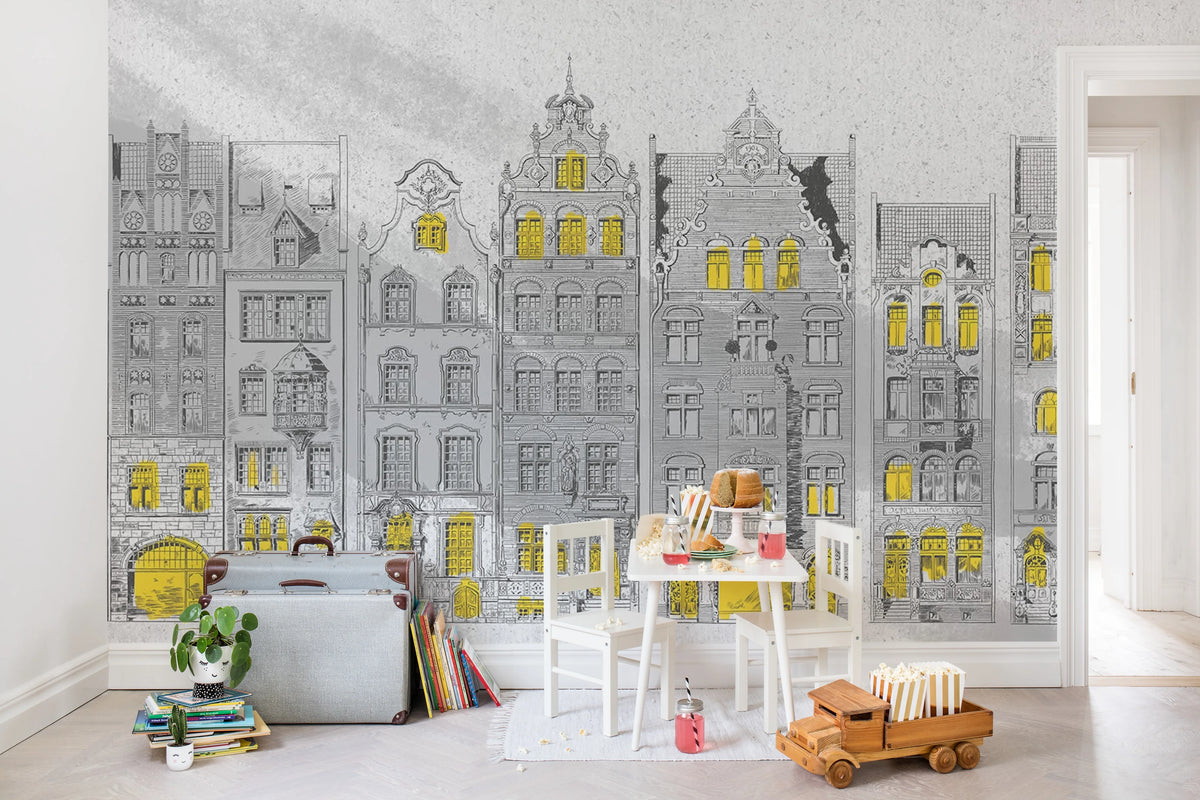 House Facades, Gray Mural Wallpaper - room preview 03