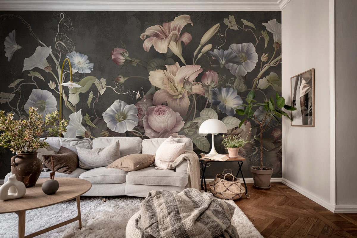 Soft Bouquet, Dark Mural Wallpaper - room preview 03