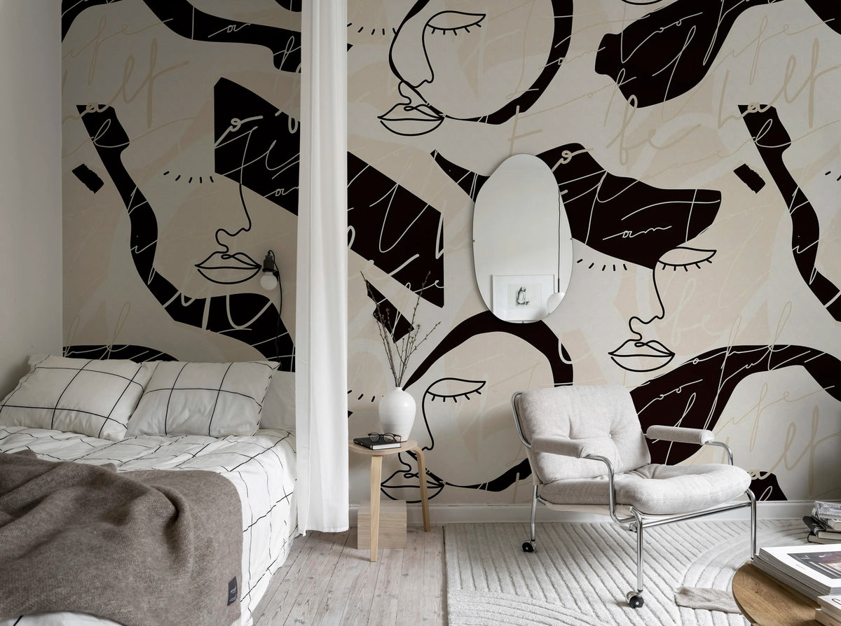 Lined Faces, Beige Mural Wallpaper - room preview 03