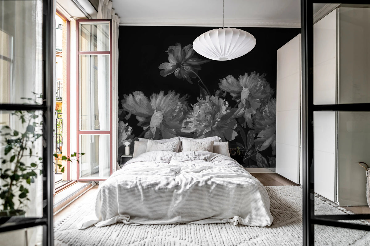 Vintage Peony, Black Mural Wallpaper - room preview 03
