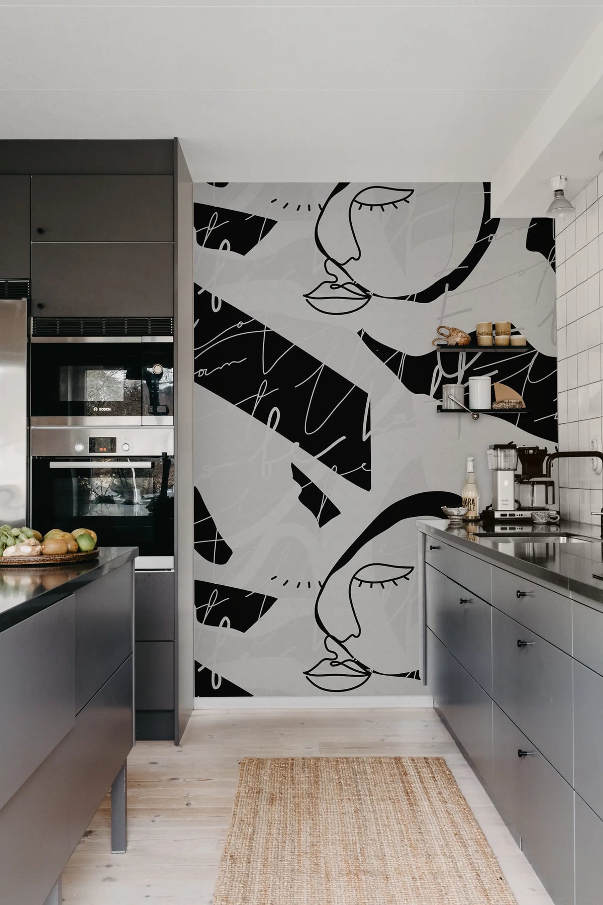 Lined Faces, Graphite Mural Wallpaper - room preview 03