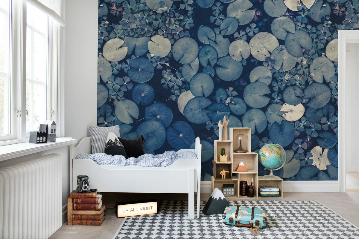Mystic Water Lilies, Blue Mural Wallpaper - room preview 03