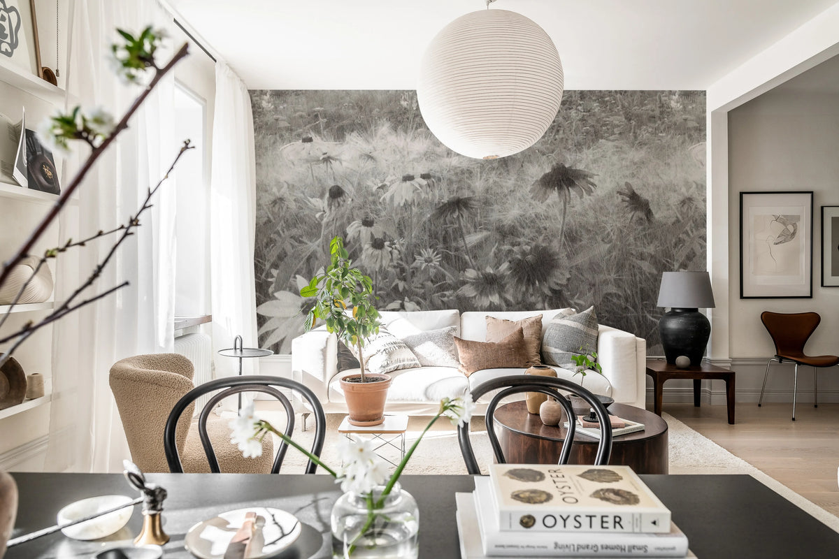 Dreamy Rudbeckia, Black & White Mural Wallpaper - room preview 03