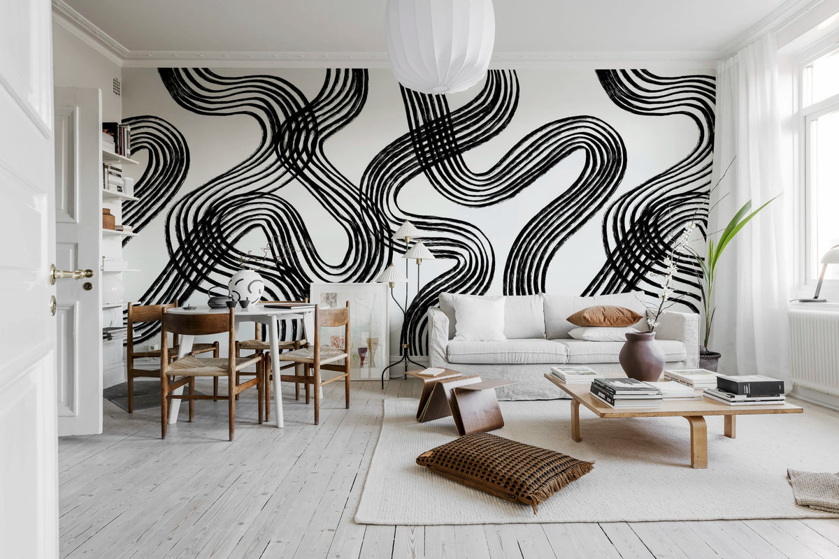 Ink Stripes, Black & White Mural Wallpaper - room preview 03