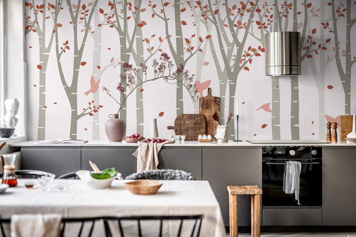 Forest Birds, Pink Mural Wallpaper - room preview 03