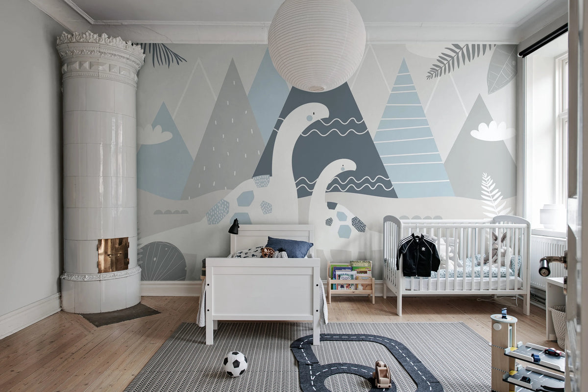 Dinosaur Mountain, Baby Blue Mural Wallpaper - room preview 03