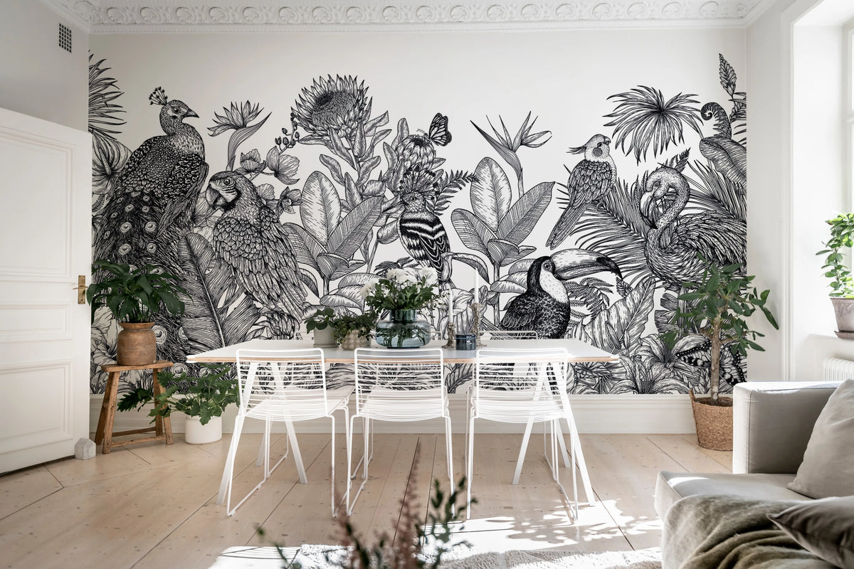 Birds Garden, Black & White Mural Wallpaper - room preview 03