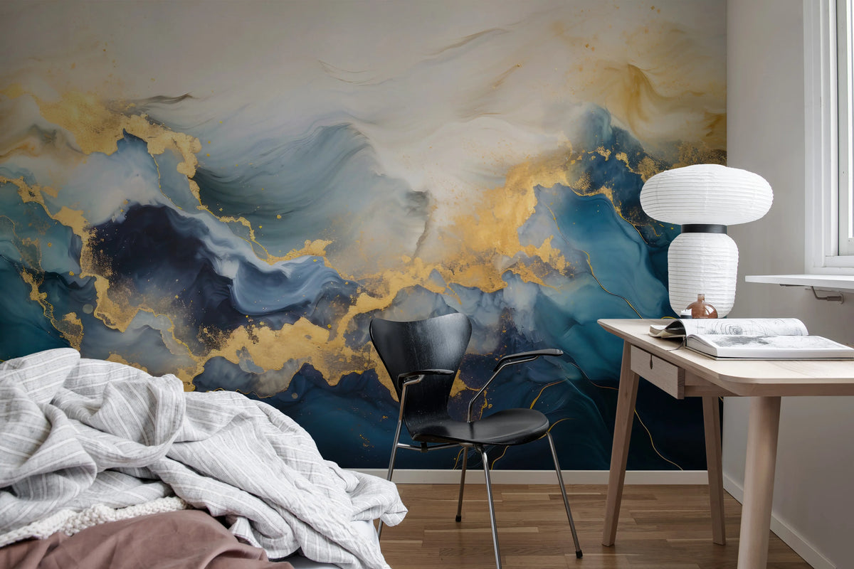 Gold Stream, Blue Mural Wallpaper - room preview 03