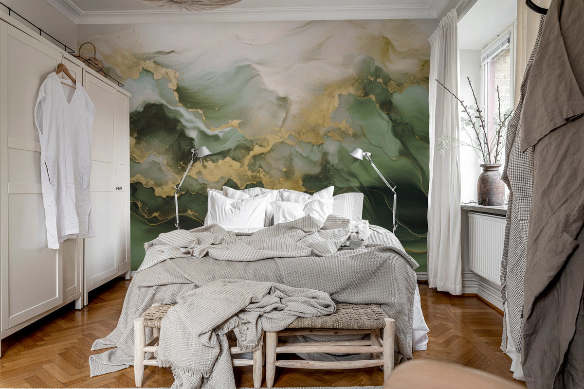 Gold Stream, Green Mural Wallpaper - room preview 03