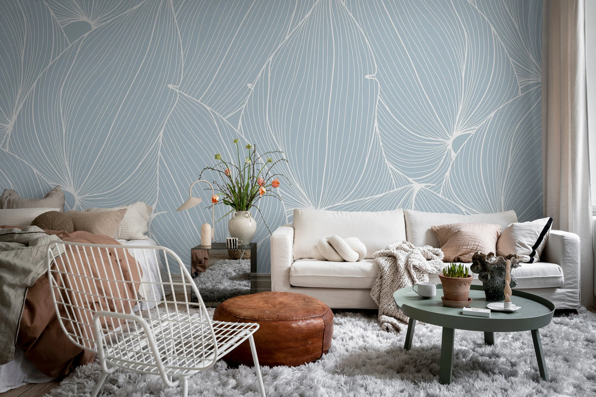 Big Leafs, Baby Blue Mural Wallpaper - room preview 03