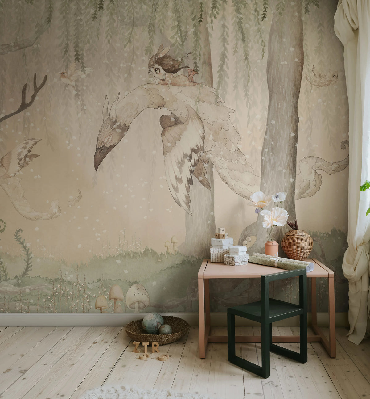 Dream Forest Girl, Green Rose Mural Wallpaper - room preview 03