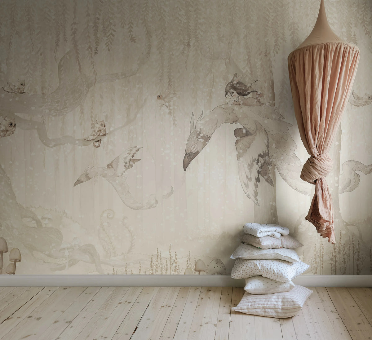 Dream Forest Girl, Off White Mural Wallpaper - room preview 03