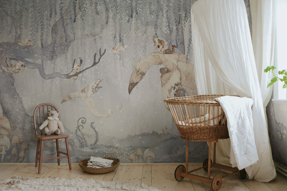 Dream Forest Boy, Blue Gray Mural Wallpaper - room preview 03