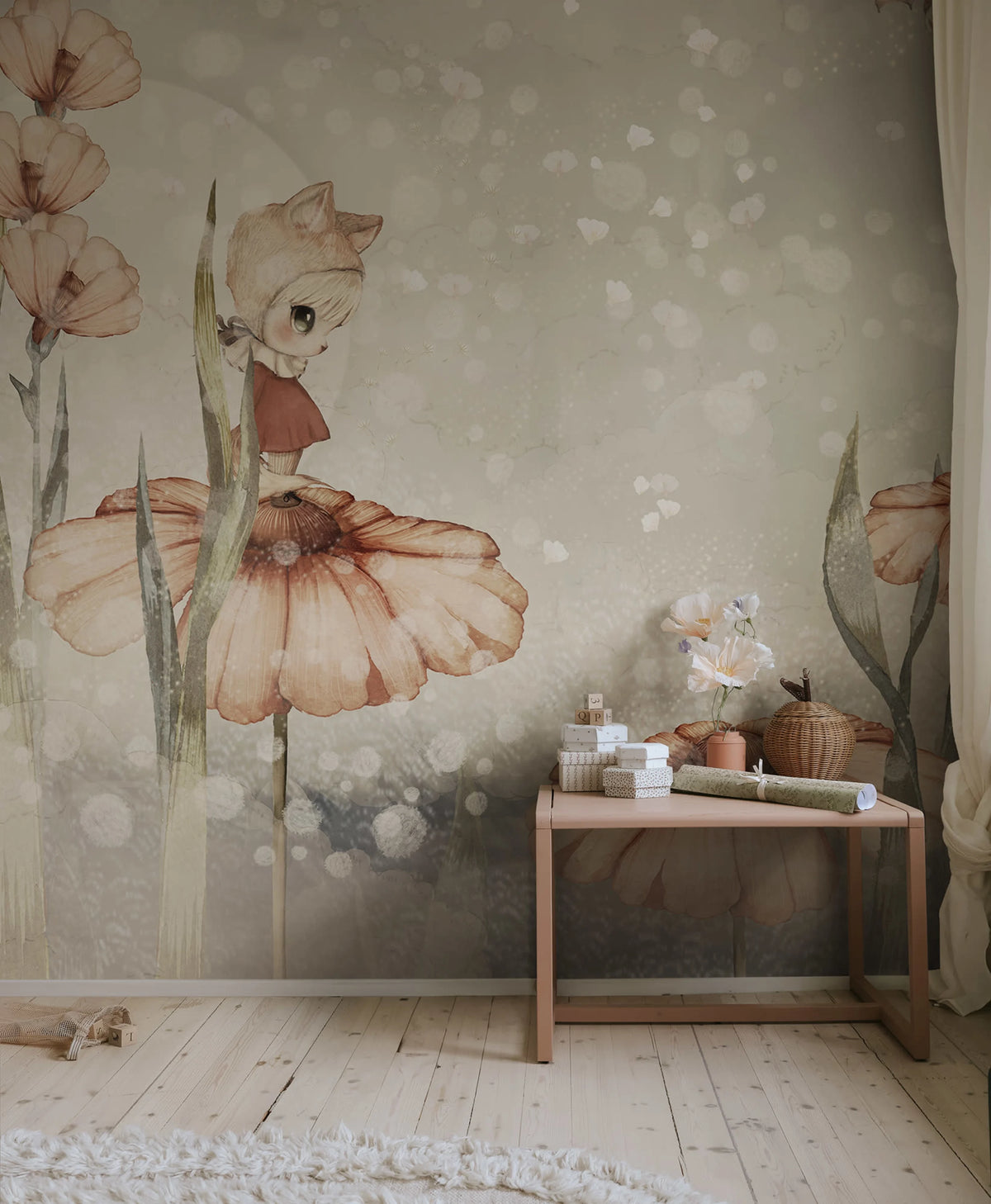 Bloomy Fields of Marion, Gray Green Mural Wallpaper - room preview 03