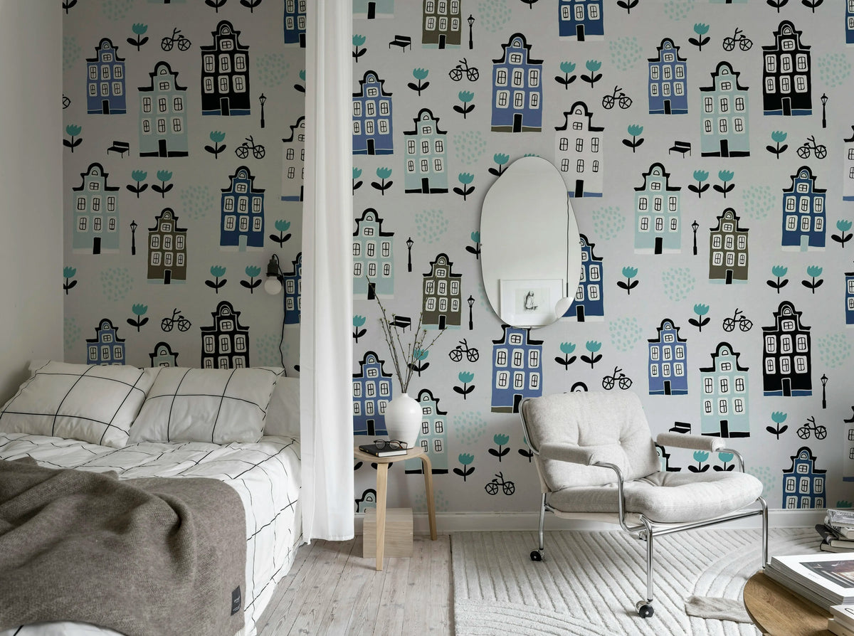 Sweet Town, Blue Mural Wallpaper - room preview 03