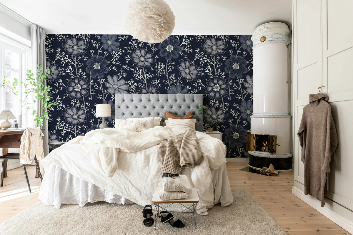 Grand Flowers, Blue Mural Wallpaper - room preview 03
