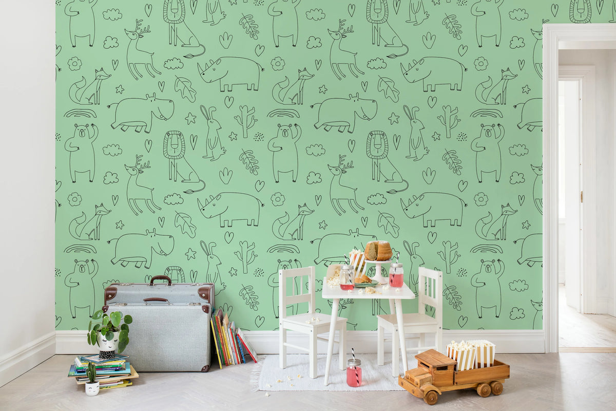 Sketches, Green Mural Wallpaper - room preview 03
