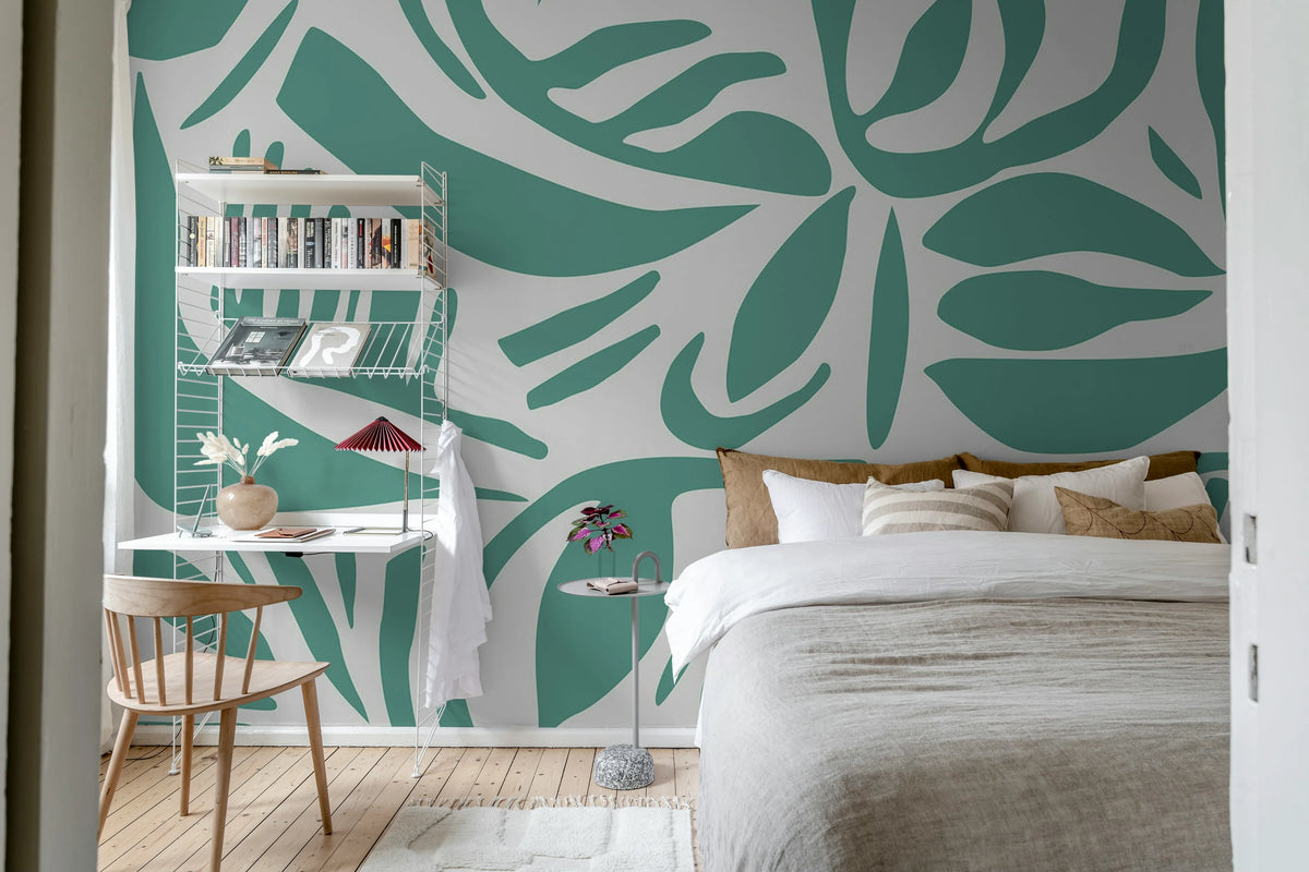 Abstract Leafs, Turquoise Mural Wallpaper - room preview 03