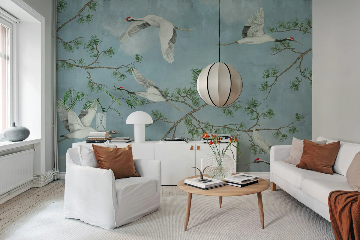 Majestic Cranes, Blue Mural Wallpaper - room preview 03