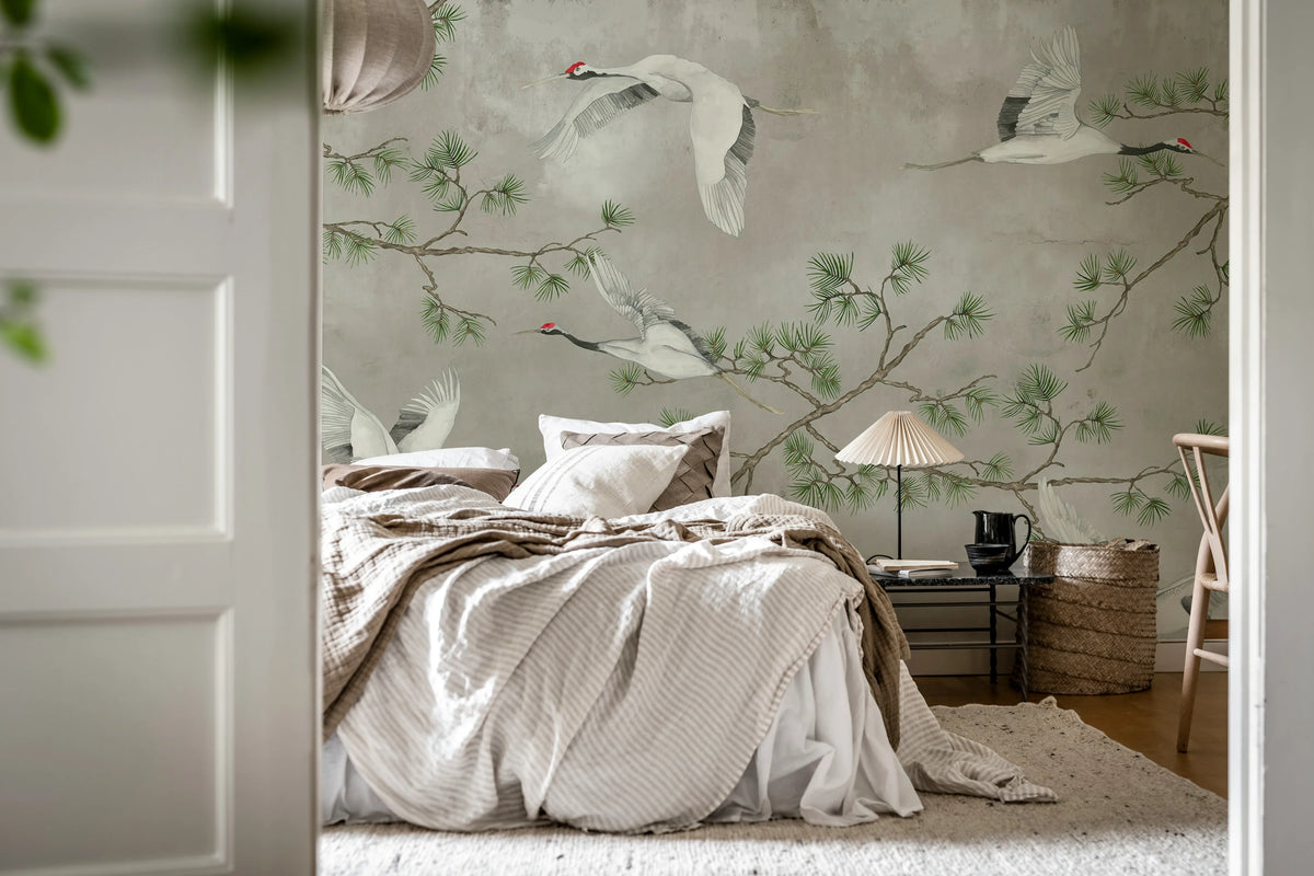 Majestic Cranes, Beige Mural Wallpaper - room preview 03