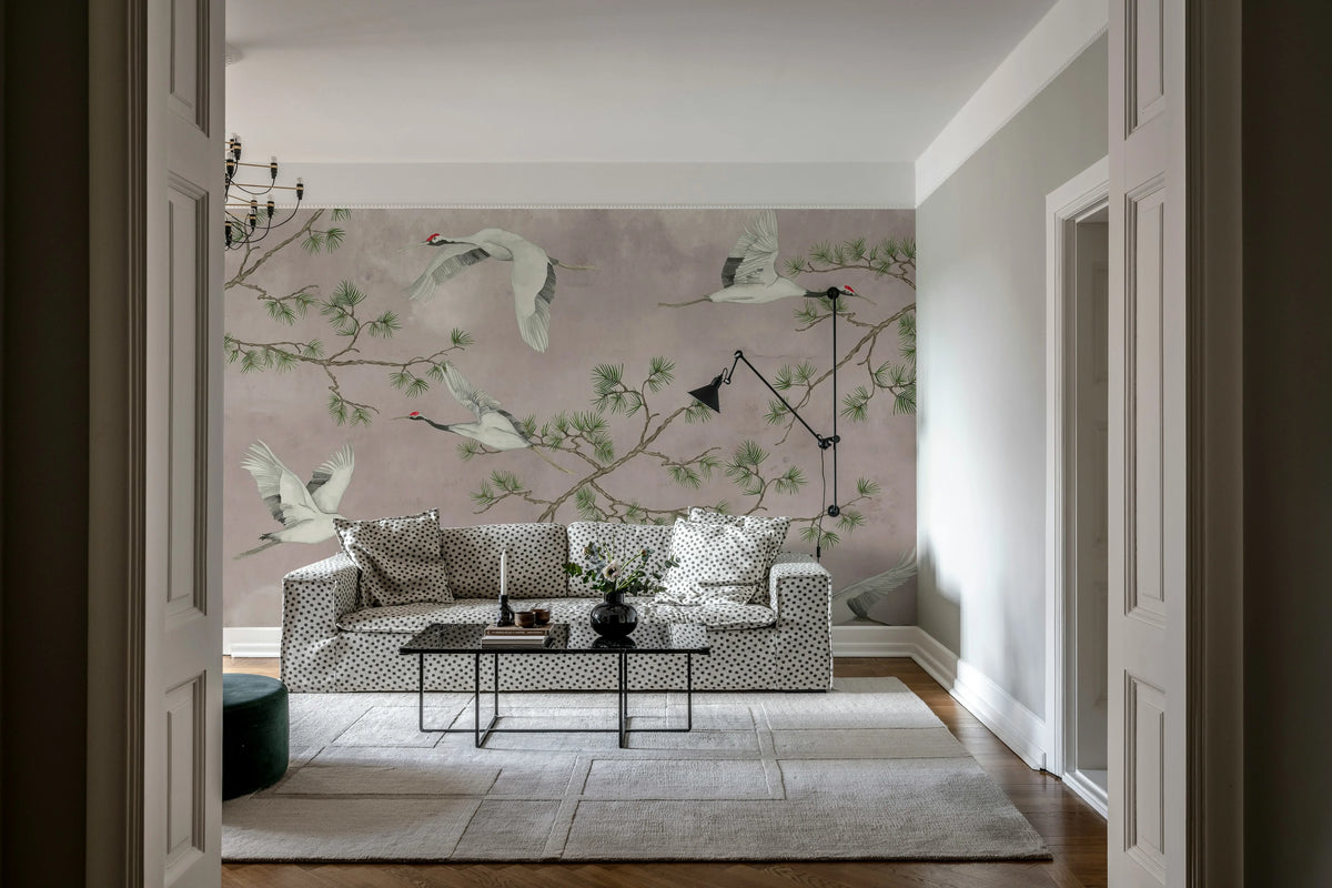Majestic Cranes, Pink Mural Wallpaper - room preview 03