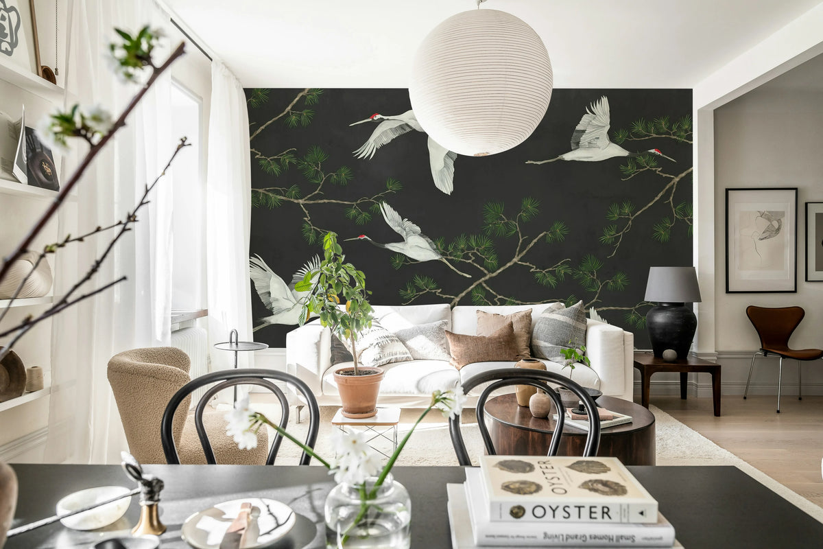 Majestic Cranes, Black Mural Wallpaper - room preview 03