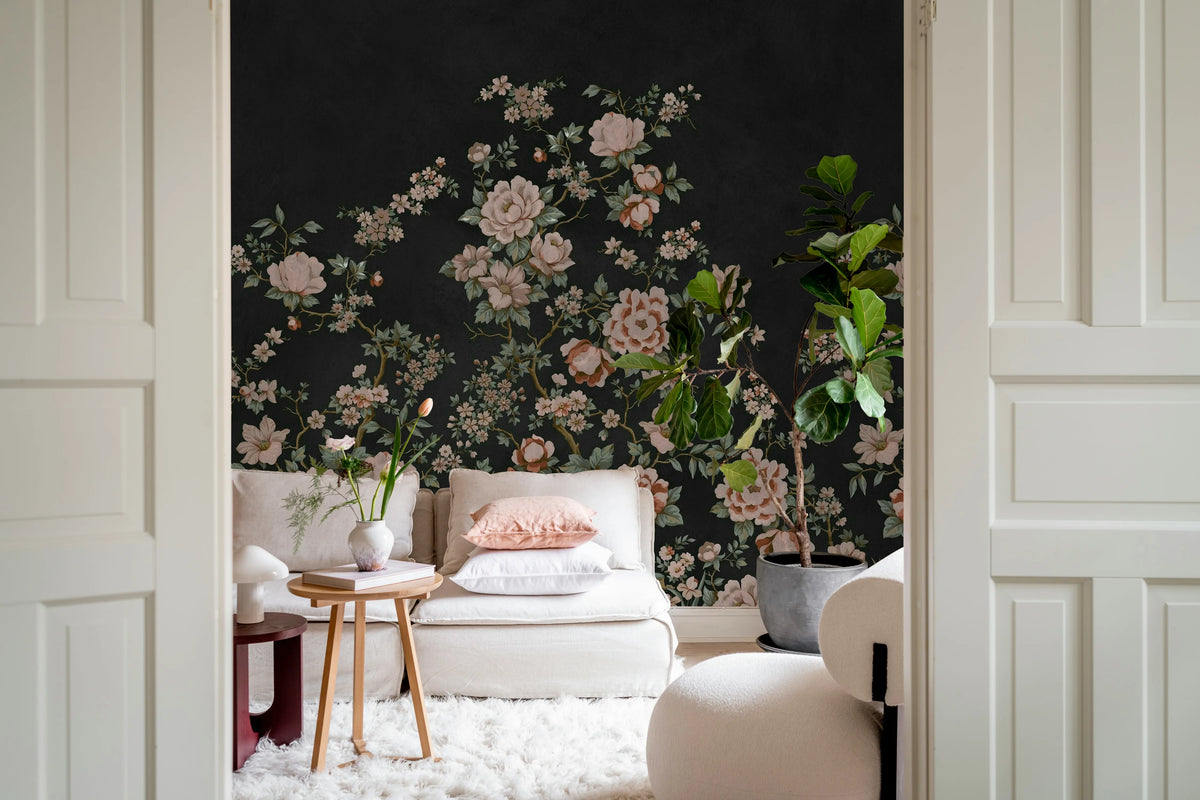 Floral Chinoiserie, Black Mural Wallpaper - room preview 03