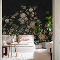 Floral Chinoiserie, Black Mural Wallpaper - room preview 03