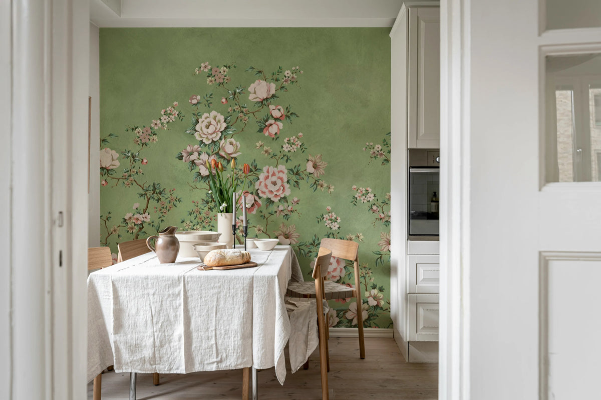 Floral Chinoiserie, Green Mural Wallpaper - room preview 03