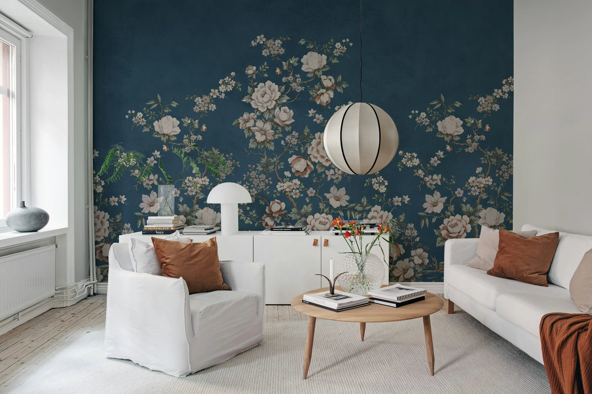 Floral Chinoiserie, Dark Blue Mural Wallpaper - room preview 03