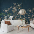 Floral Chinoiserie, Dark Blue Mural Wallpaper - room preview 03