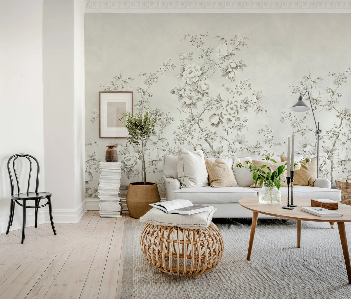 Floral Chinoiserie, Gray Mural Wallpaper - room preview 03