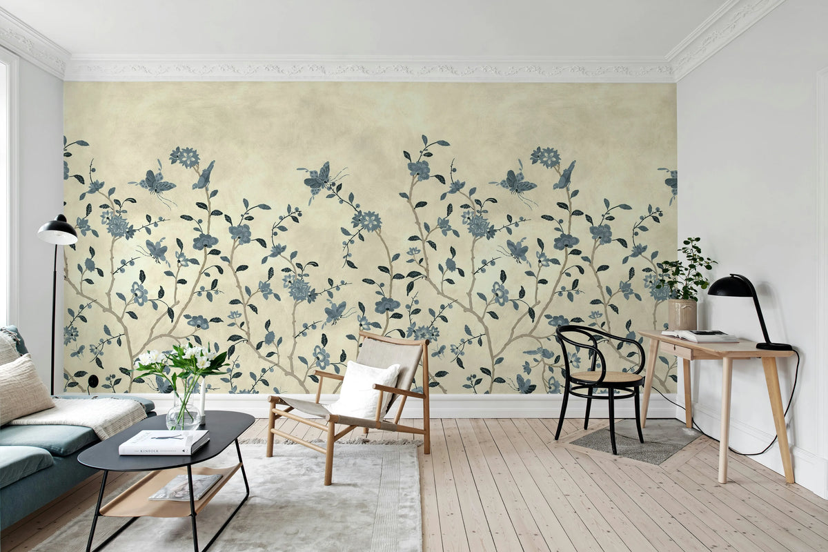 Whispering Petals, Blue Mural Wallpaper - room preview 03