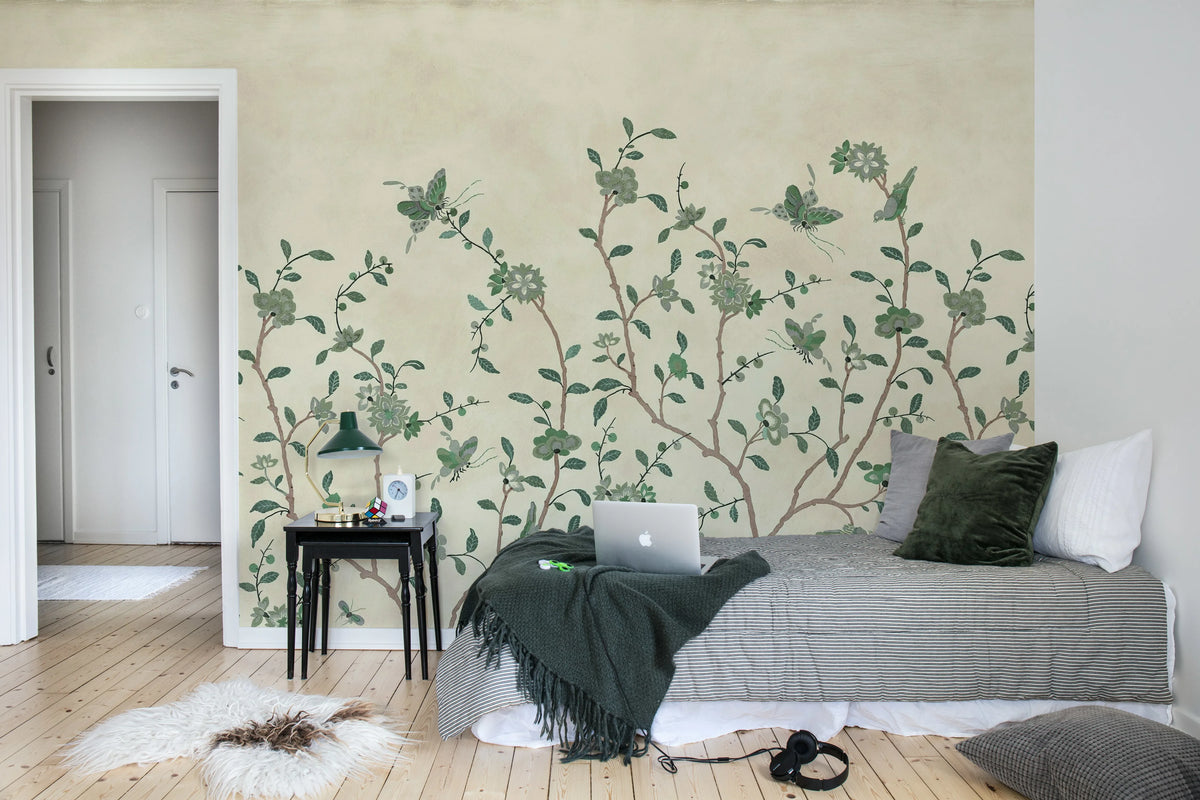 Whispering Petals, Green Mural Wallpaper - room preview 03