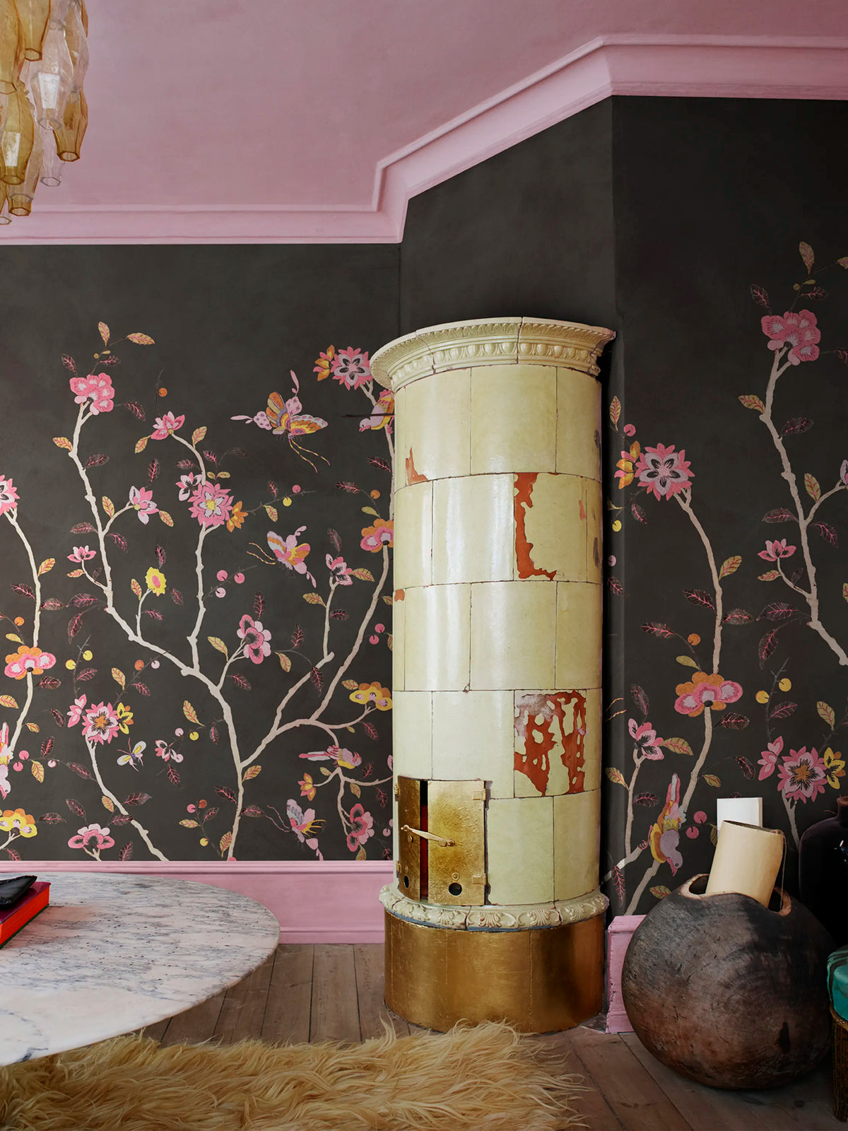 Whispering Petals, Black Mural Wallpaper - room preview 03