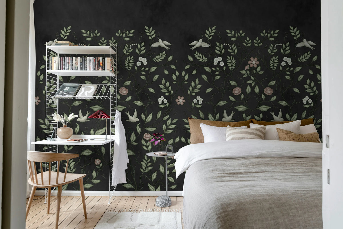 Serene Garden, Black Mural Wallpaper - room preview 03