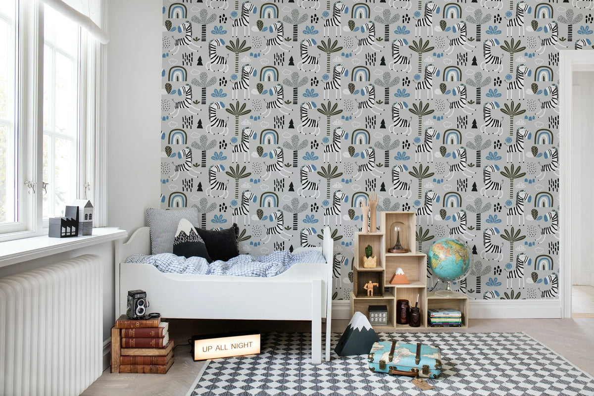 Happy Zebra, Blue Mural Wallpaper - room preview 03