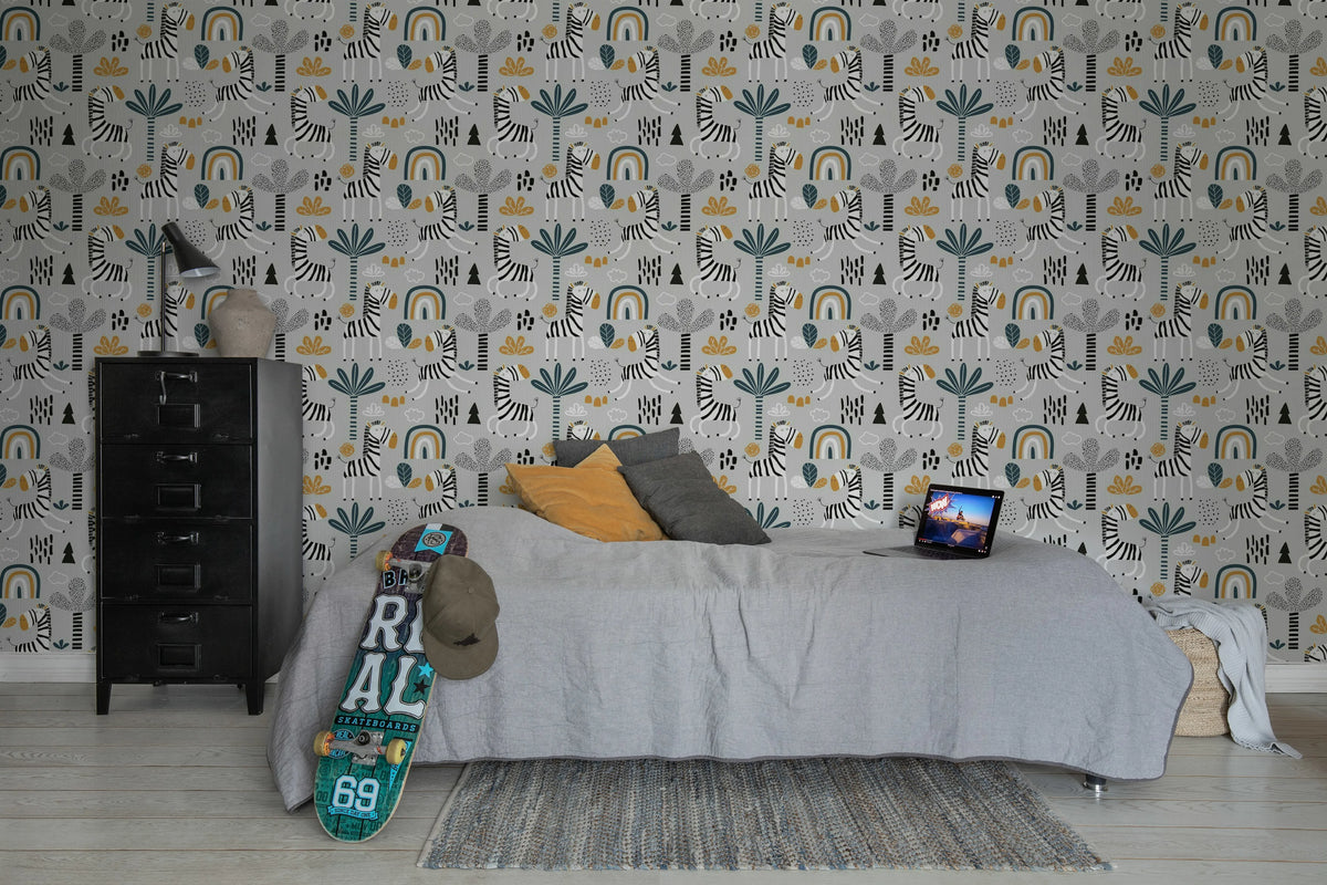 Happy Zebra, Gray Mural Wallpaper - room preview 03