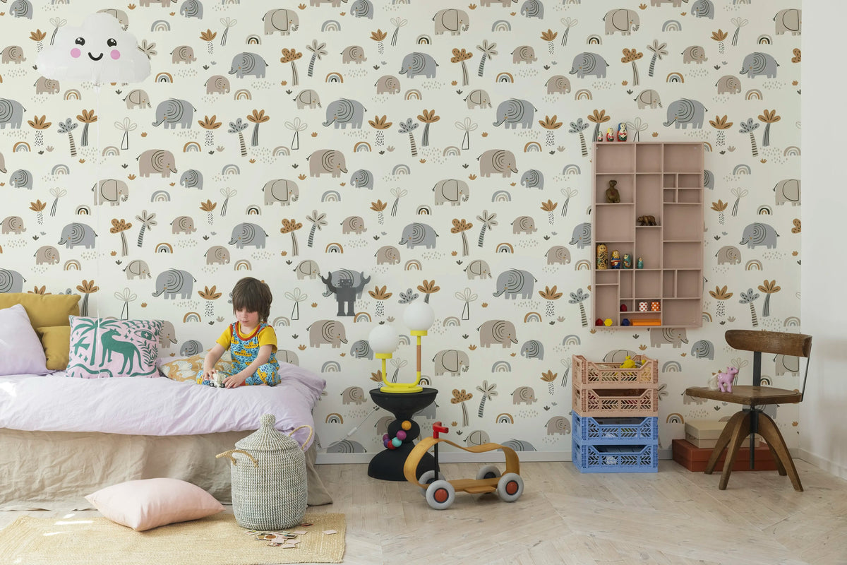 Elephant Savanna, Beige Mural Wallpaper - room preview 03