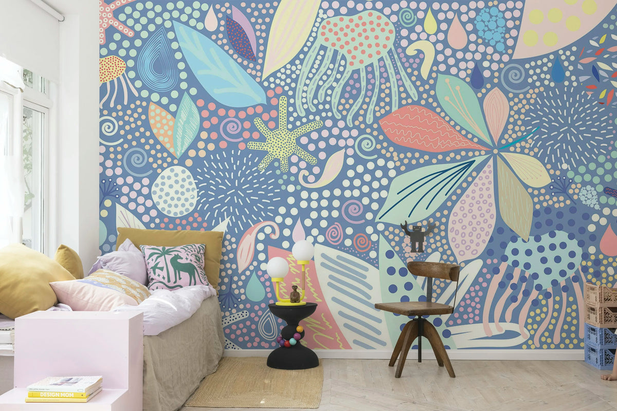 Flower Art, Blue Mural Wallpaper - room preview 03
