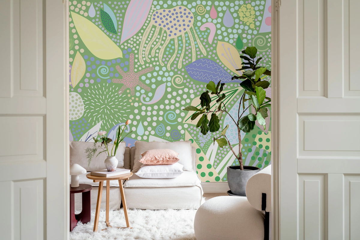 Flower Art, Green Mural Wallpaper - room preview 03