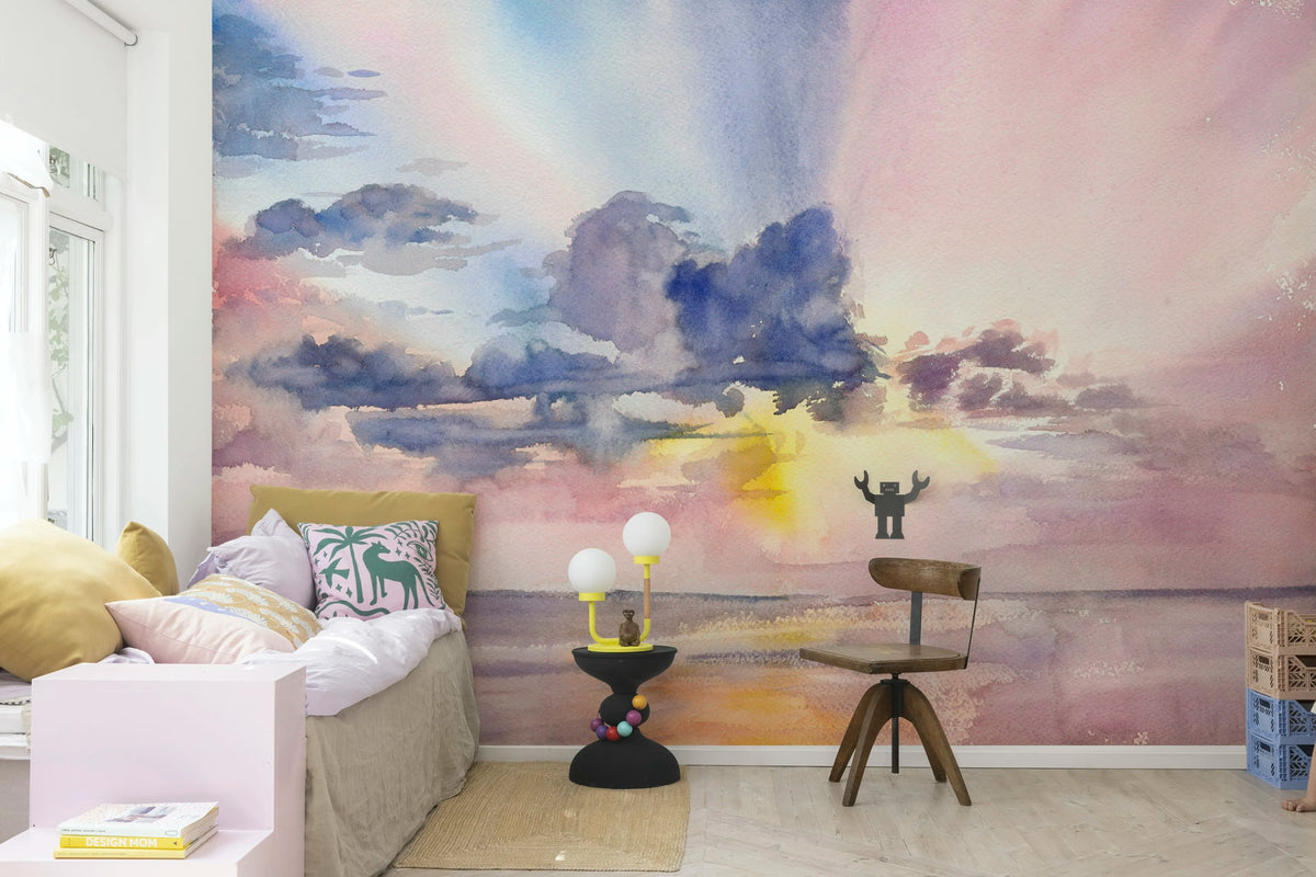 Watercolor Sky, Pink Mural Wallpaper - room preview 03