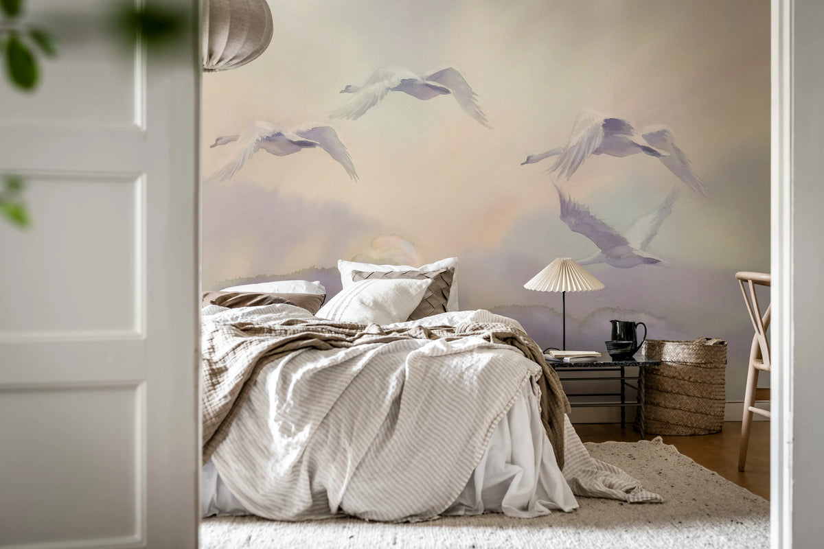 Flying Swans, Pastel Mural Wallpaper - room preview 03