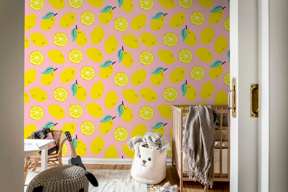 Lemons, Pink Mural Wallpaper - room preview 03