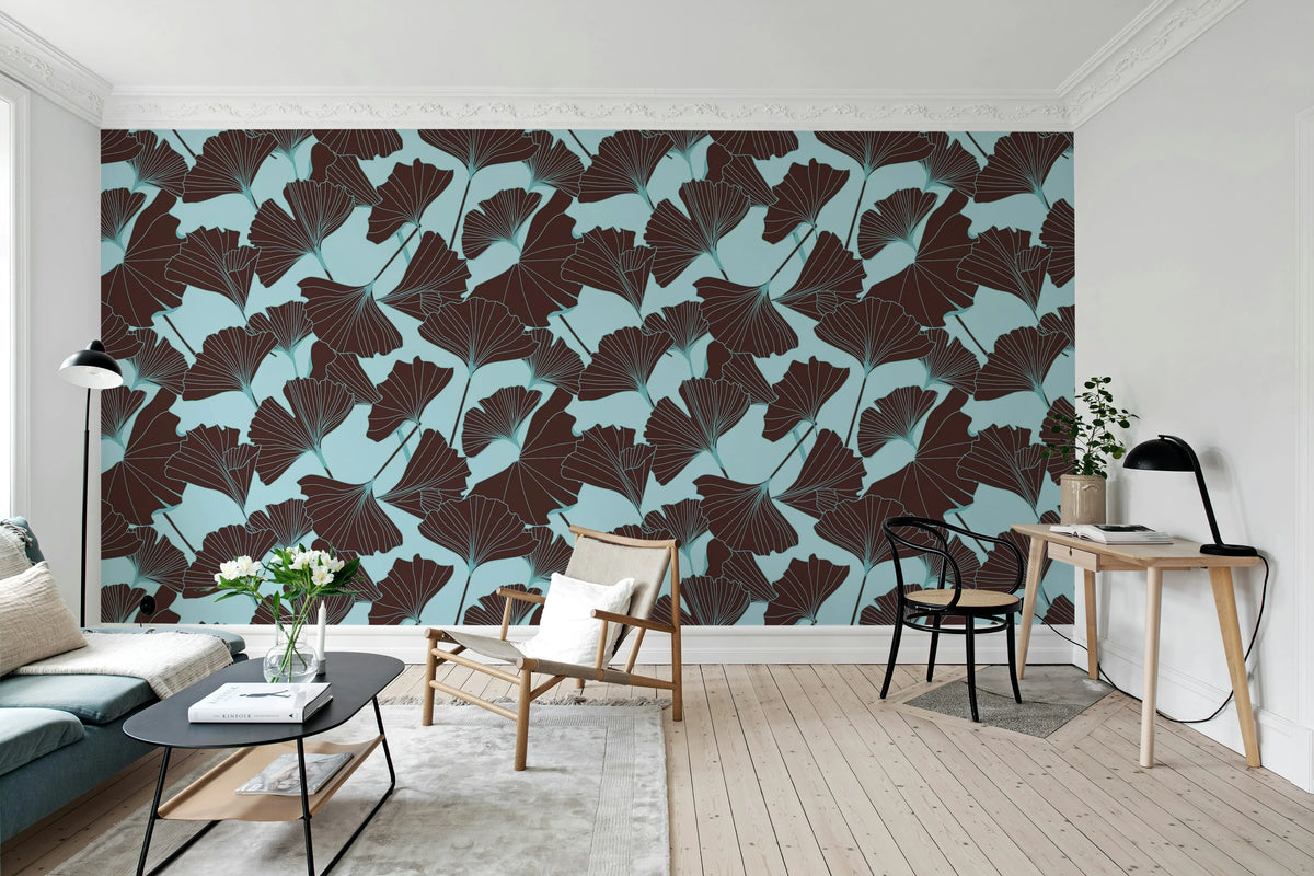 Big Ginko, Turquoise Mural Wallpaper - room preview 03