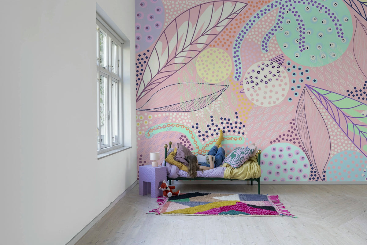 Artsy Leafs, Pink Mural Wallpaper - room preview 03